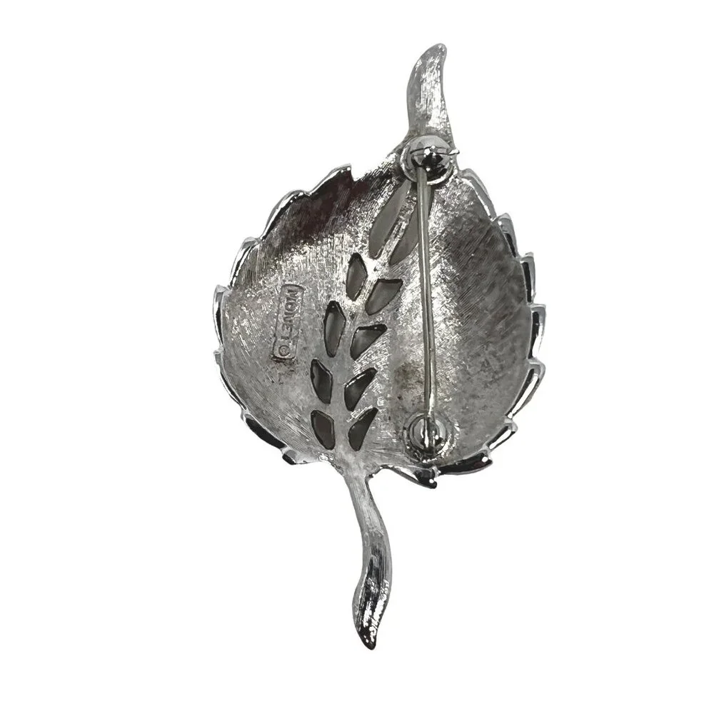 Monet Leaf‎ Brooch Silver Tone Brushed Textured Signed Vintage Pin